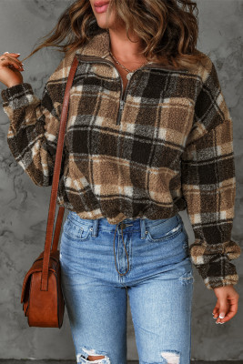 Brown Zip Collar Plaid Pattern Fleece Sweatshirt
