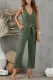 Green V Neck Button Belted Jumpsuit with Pockets