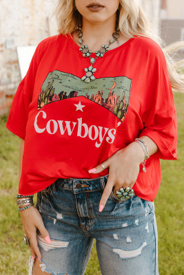تاپ های آستین کوتاه یقه دار گرافیکی Red Cowboys