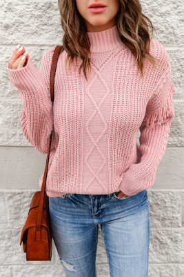 Pink Mixed Textures Fringe High Neck Sweater