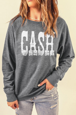 Gray CASH Letter Print Long Sleeve Pullover Sweatshirt