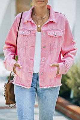 Pink Lapel Distressed Raw Hem Buttons Denim Jacket