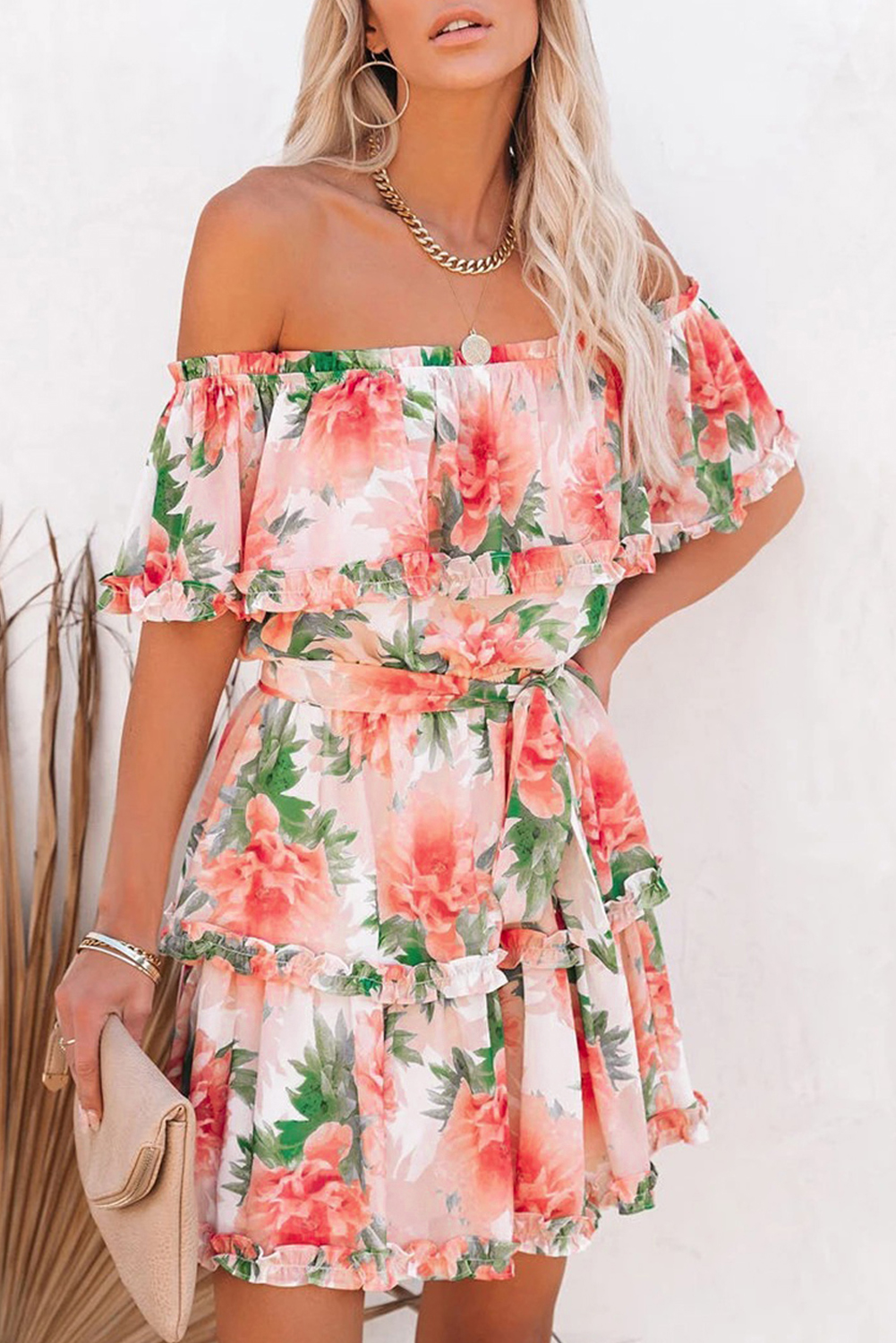 Women S 3 4 Length Sleeve Floral Ruffle Summer Spring Off Shoulder Dress