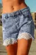Lace Rhinestone Decor Frayed Hem Denim Shorts