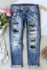 Sky Blue Casual Skeleton Patchwork Print Ripped Jeans