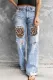 Leopard Patchwork Distressed Straight Leg High Rise Jeans