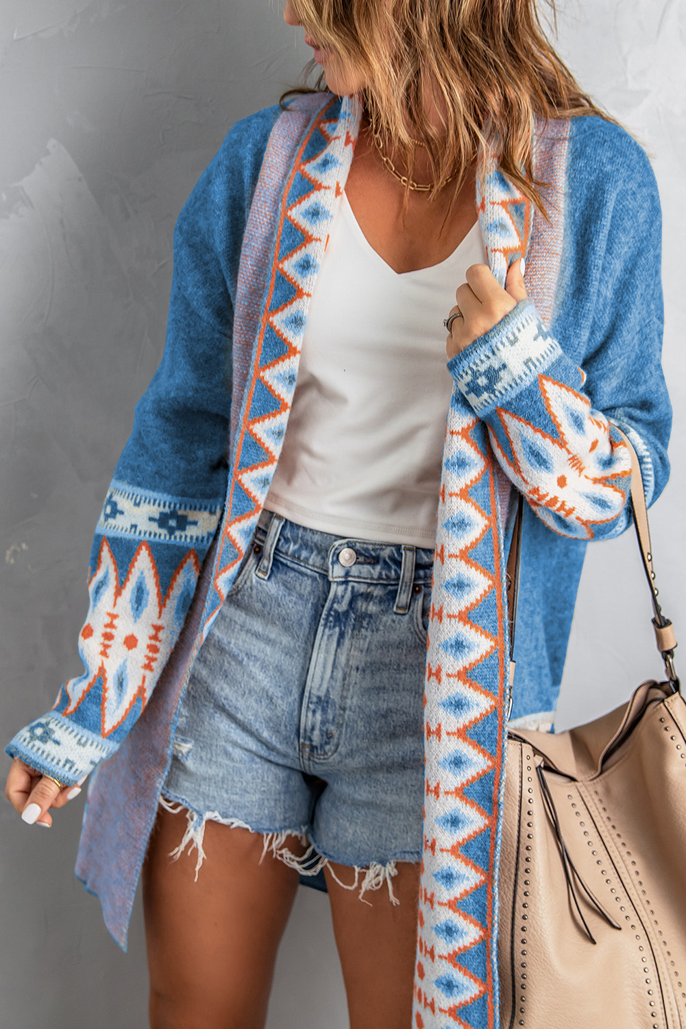 US$ 16.08 Drop-shipping Blue Aztec Print Open Front Knitted Cardigan ...