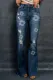 Blue Floral Print Mid Waist Ripped Bell Bottom Jeans