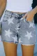 Light Blue Star Print Frayed Mid Waist Denim Shorts