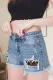 Light Blue Lace Patches Ripped Denim Shorts