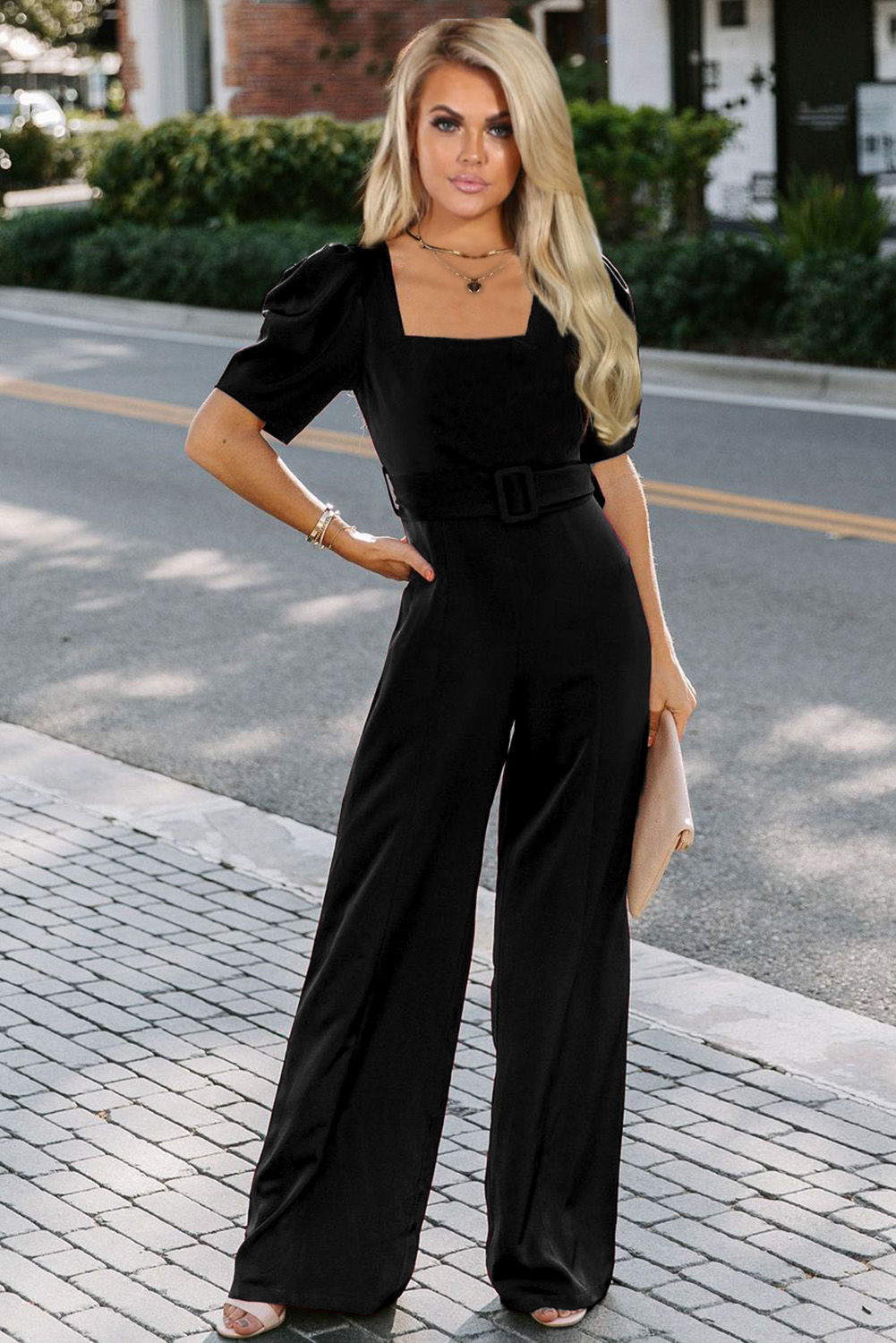 US$ 11.85 Drop-shipping Black Square Neck Puff Sleeve Wide Leg Jumpsuit ...