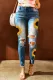 Sky Blue Sunflower Print Ripped Skinny Fit Jeans