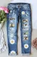 Sky Blue Leopard Daisy Patchwork Mid Rise Distressed Jeans