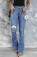 Sky Blue Daisy Butterfly Print Button-fly Distressed Flare Jeans