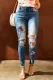Sky Blue American Flag Sunflower Print Distressed Skinny Fit Jeans