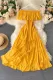 Yellow Off-the-shoulder Tiered Pleated Maxi Dress
