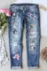 Sky Blue Flower Leaves Patchwork Mid Rise Distressed Jeans