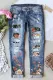 Sky Blue Floral Pattern Patched Straight Jeans