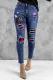 Blue Plaid Patchwork Graphic Print Distressed Skinny Jeans