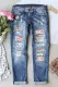Sky Blue Floral Pattern Splicing High Waist Distressed Jeans