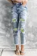 Sky Blue St Patrick Clover Striped Patchwork Slim-fit Jeans