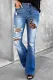 Sky Blue Leopard Rabbit Patchwork High Waist Distressed Flare Jeans
