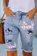 Sky Blue Cherry Blossom Pattern Patchwork Distressed Denim Shorts
