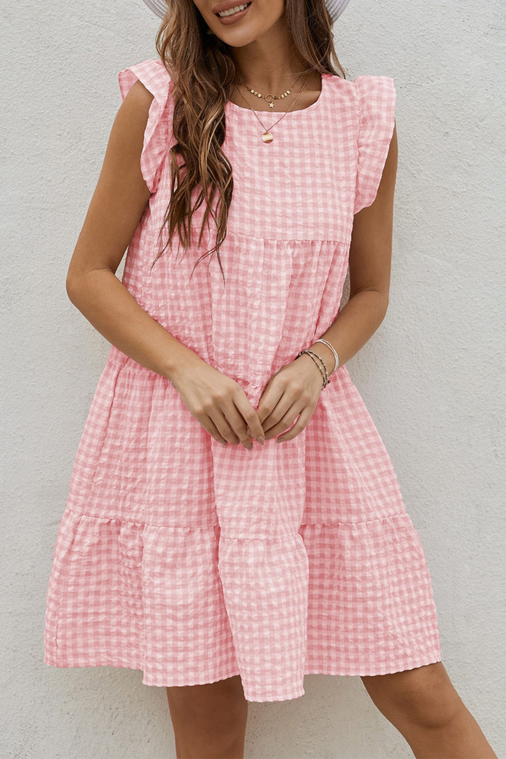 Ruffle Sleeves Pintuck Plaid Mini Dress