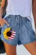 Sky Blue American Flag Sunflower Print Drawstring Denim Shorts