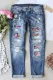 Sky Blue Floral Patchwork Mid Waist Distressed Jeans