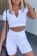 White Zipped Ribbed Knit Crop Top and Shorts Sports Wear