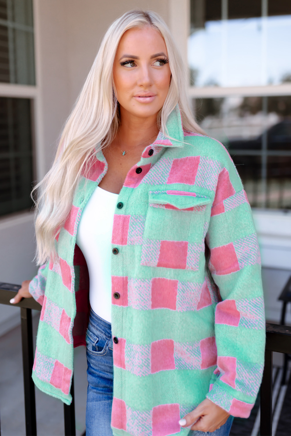 US$ 13.11 Drop-shipping Pink Plaid Pattern Oversized Shacket for Women