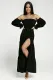 Black Frilled Off-the-shoulder Puff Sleeve Pleated Maxi Dress with Slit
