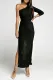 Black One-shoulder Glitter Metallic Asymmetric Long Dress