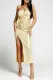 Apricot One Shoulder Slit Thigh Ruched Metallic Dress