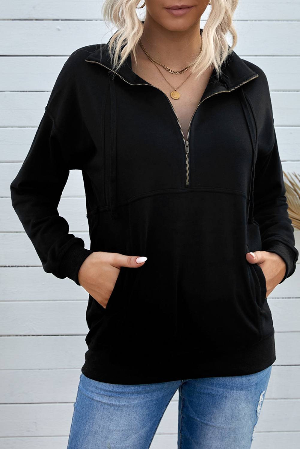 US 12.63 Dropshipping Cotton Pocketed Half Zip Pullover Black