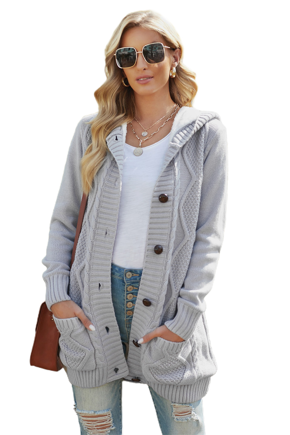 US$ 17.23 Drop-shipping Light Gray Buttoned Hooded Open Front Knitted ...