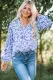 Blue Floral Print V Neck Long Puff Sleeve Top