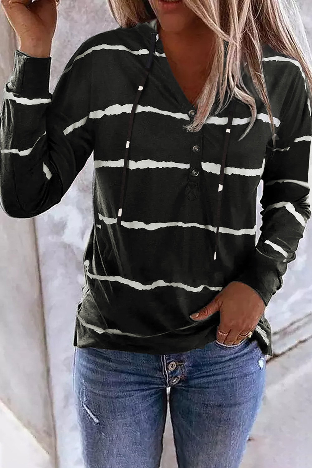Striped Drawstring Long Sleeve Hoodie