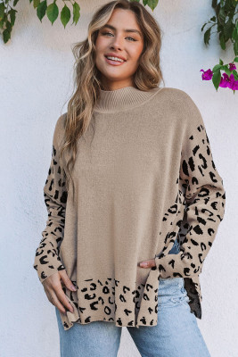 Khaki Leopard High Neck Side Slit Oversized Sweater LC2722386-16