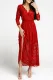 Fiery Red White White Fiery Red Long Sleeve V Neck Lace Maxi Dress with Split