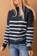 Blue Striped Turtleneck Long Sleeve Sweater with Buttons