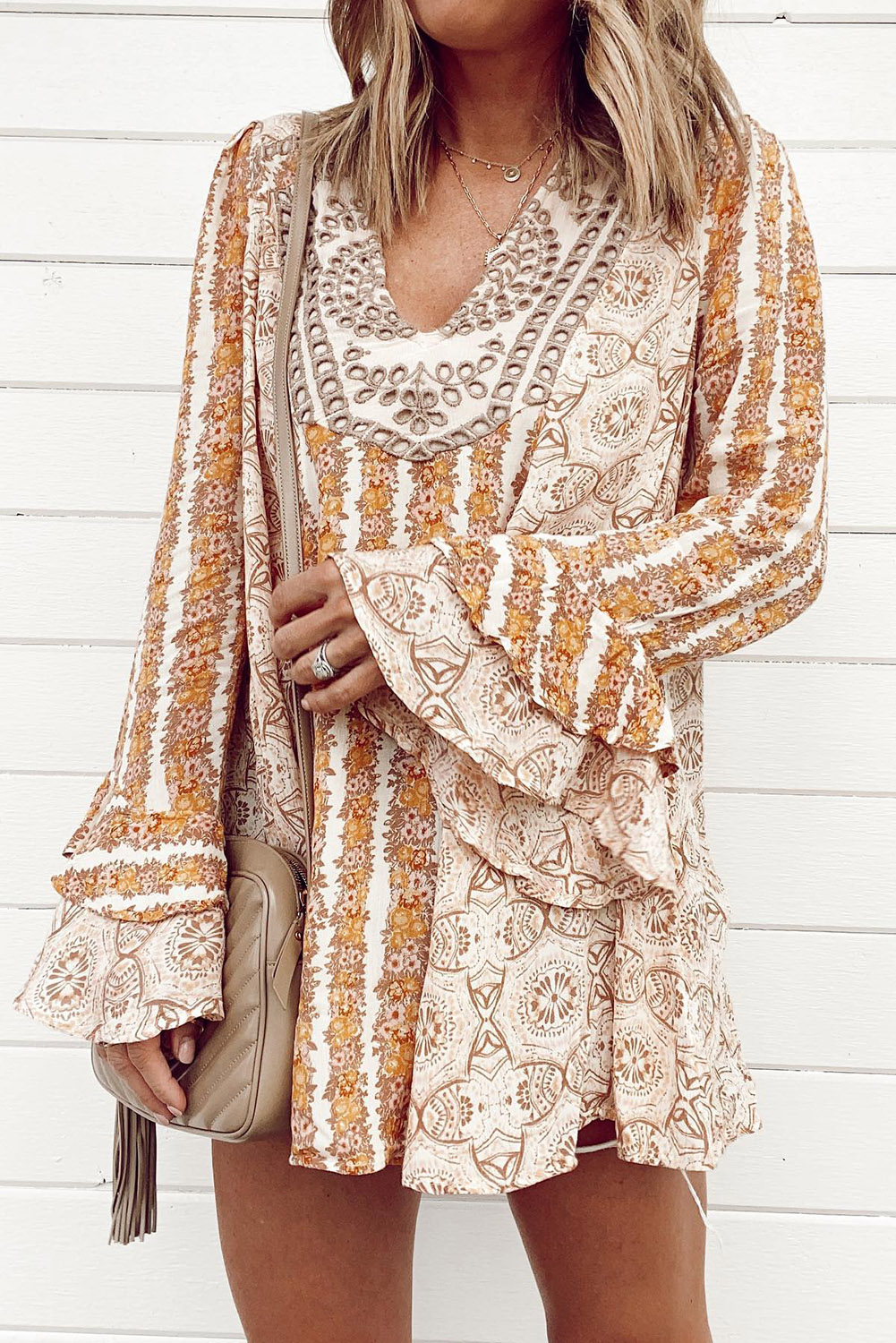 US 12.63 Dropshipping Yellow Mixed Floral Splicing Ruffled Bell