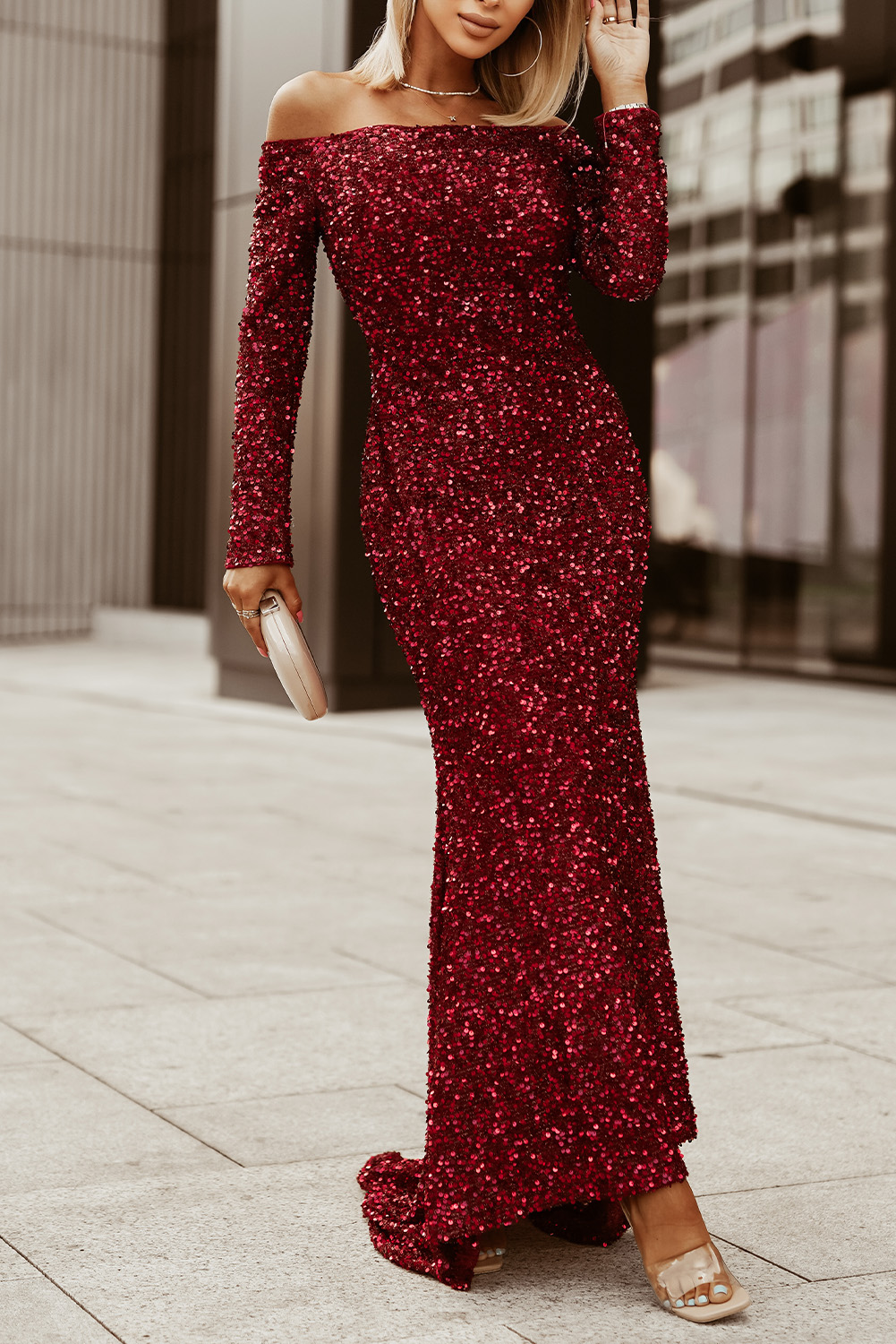 Red Sequin Off-the-Shoulder Fitted-Waist Slim-Fit Long Prom Dress / Bridal Gown R5908