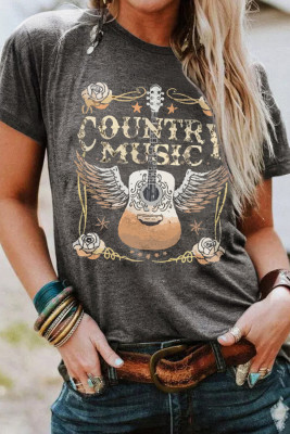 Gray COUNTRY MUSIC Guitar Graphic Print Crew Neck T Shirt LC25219706-11