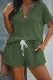 Green Buttoned Short Sleeve Top and Drawstring Shorts Lounge Set