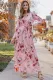 Pink  Wrapped V Neck Floral Long Sleeve Empire Maxi Dress
