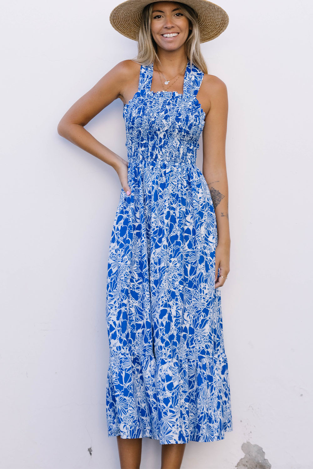 US$ 10.75 Drop-shipping Blue Floral Print Smocked Criss Cross Tie Back ...