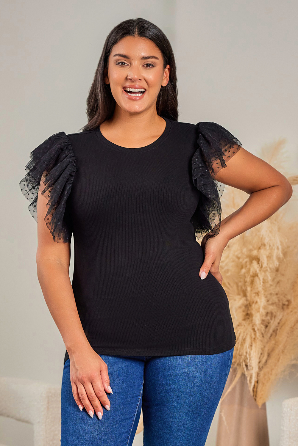 US$ 7.59 Drop-shipping Black Plus Size Dotty Mesh Ruffle Sleeve Ribbed ...