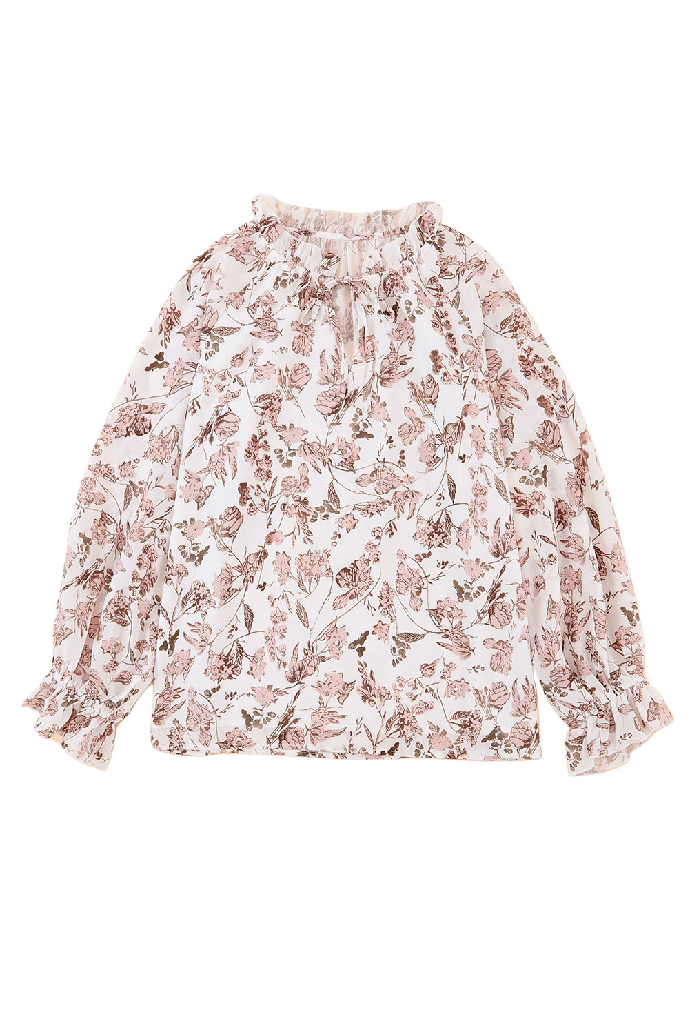 Rose Crinkle Collared V-Neck Bubble Sleeve Flowy Blouse main image 0